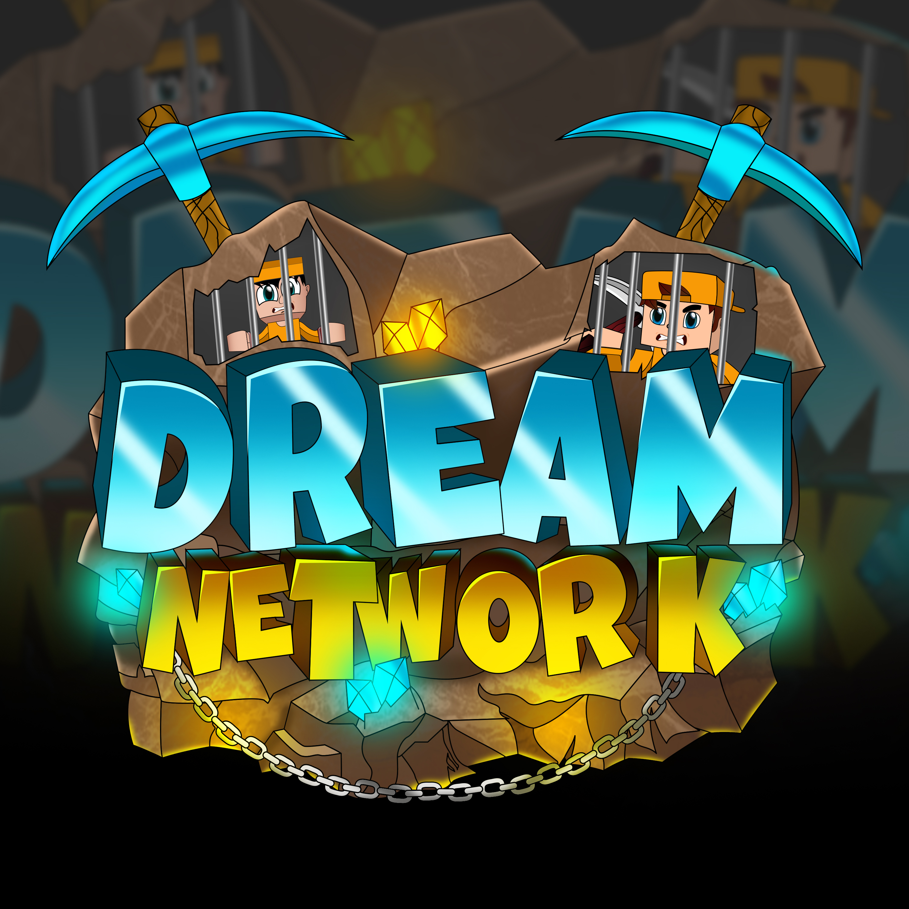 DreamNetwork-logo med turkise hakker, diamanter og gyldne bogstaver